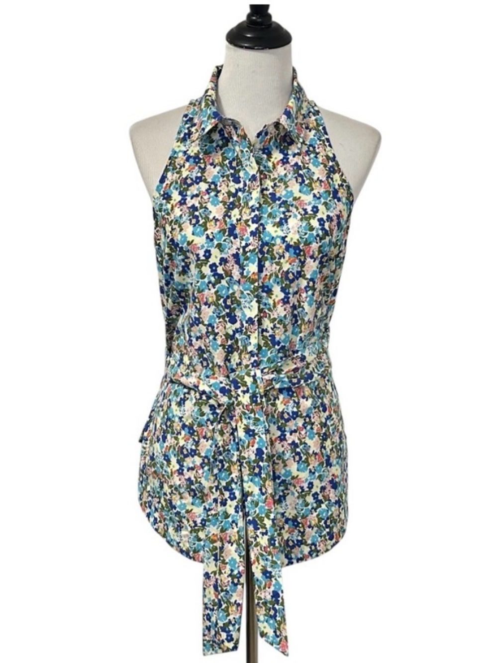 Gorge! Maeve by Anthropologie Tie Front Sleeveless Top Sz Medium Floral Blue - Picture 4 of 11